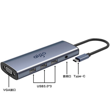 爱国者（aigo）Type-C扩展坞USB3.0分线器千兆网口HDMI/VGA转接器 SD/TF读卡器3.5音频PD100W拓展坞T10-R(金属)