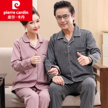 皮尔卡丹pierrecardin春秋季纯棉长袖情侣睡衣中年爸爸妈妈男女士中