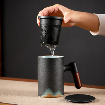 五拾缘 远山木柄泡茶马克杯 黑色