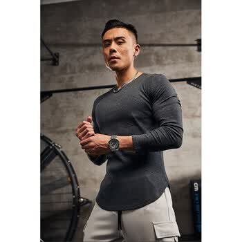 t恤男长袖美式针织v领健身弹力训练跑步上衣深灰色s推荐体重5060kg