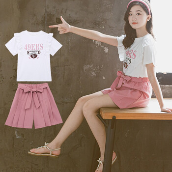 童女孩短袖阔腿裤运动休闲两件套49ers白衣粉裤150建议身高145左右