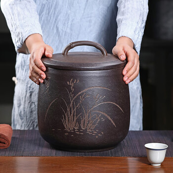 千寿堂普洱茶叶罐 宜兴紫砂原矿手工 紫泥 春兰茶叶罐