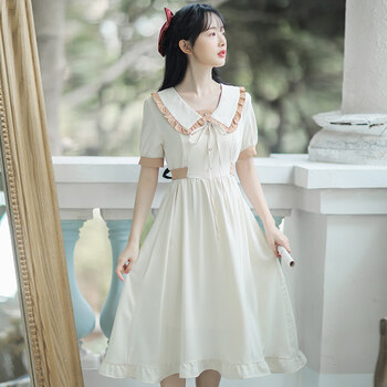 娃娃领连衣裙少女夏装2022新款初中高中学生白色甜美收腰公主裙子杏色