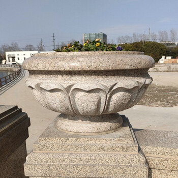 石雕花盆花岗岩黄锈石欧式庭院石花坛圆雕户外黄金麻石头花钵中式