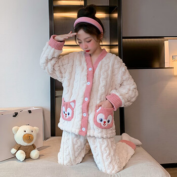 秋冬新款中大童加厚保暖女孩冬装珊瑚绒家居服套装狐狸睡衣套装120cm