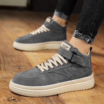 茧居足潮牌高帮男鞋翻毛皮小黑平板鞋中帮冬冬季男生鞋子男士内增高