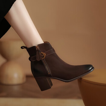 yinfan复古风牛巴戈马丁靴女款粗跟单鞋棕色擦色皮2022年新款里外全皮