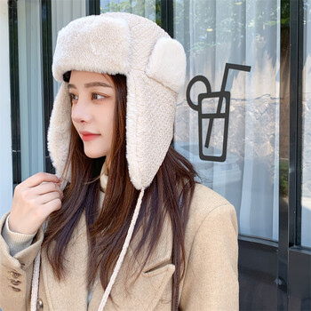 栀锦女款冬帽骑车保暖帽加绒加厚防寒雷锋帽子冬天防风护耳挡风帽米色