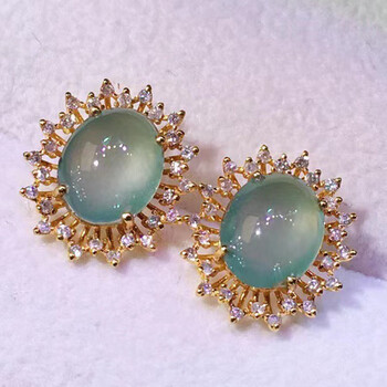 玉佳佳女士翡翠高冰玻璃种耳钉耳饰18k金镶嵌珠宝耳坠缅甸a货翡翠送礼