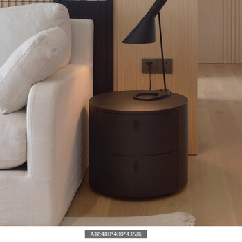 升级款慕斯圆形床头柜意式极简床头柜迷你圆桌轻奢烟熏色实木卧室北欧