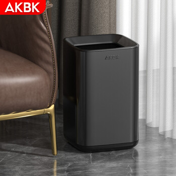AKBK不锈钢垃圾桶15L黑色家用客厅厨房卫生间轻奢酒店办公室大号方形