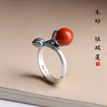 原创朱砂戒指女复古银莲蓬莲花无名指925银古风中指尾戒指环 开口戒指
