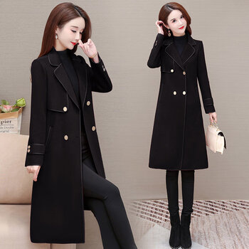修身双面呢大衣女中款矮个子高端减龄百搭中长款毛呢外套冬黑色m