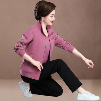 穿妈妈秋装外套中年女装秋冬上衣中老年运动服套装女春秋三件套大码