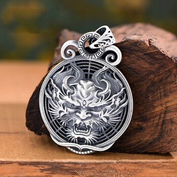 浙翠 品牌同款银吊坠男时尚999足银霸气龙头银圆牌狮头狼头送女友老婆