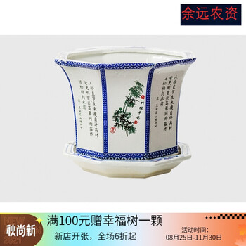 兰花花盆六方带托盘花钵六6角高筒可狄蓝边款八角直径38厘米高27小