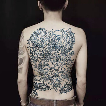 纹身贴满背九龙后背纹身贴防水男女满背龙拉棺仿真刺青图腾纹身割线