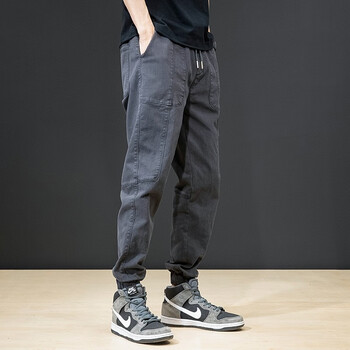 鱼头村束脚牛仔裤男宽松春季休闲裤男士拼接束脚裤哈伦裤男生加肥加大