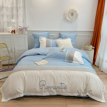 雅芳婷四件套家纺北欧轻奢风简约刺绣全四件套纯床单被套床上用品天空