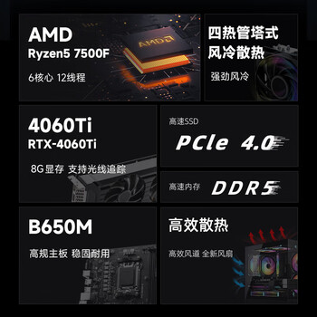 AMD龙神 锐龙R5-7500F/RTX4060Ti 8G/16G 6000MHz/1T SSD 电竞游戏设计师台式电脑主机整机