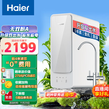 海尔(Haier)自然湃家用净水器800G 厨下RO反渗透过滤直饮水纯水机 双出水无双酚A HRO8H88-2U1
