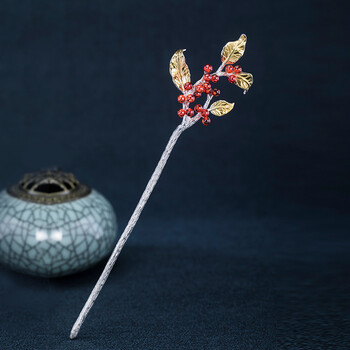 相思红豆925银石榴石花朵发簪古风汉服旗袍盘发簪子情人节礼物 红豆