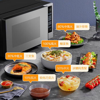 Midea美的微波炉23升家用变频微烤一体机平板光波速热一键解冻智能微烤温度感应微波烤炉一级能效PC23W6