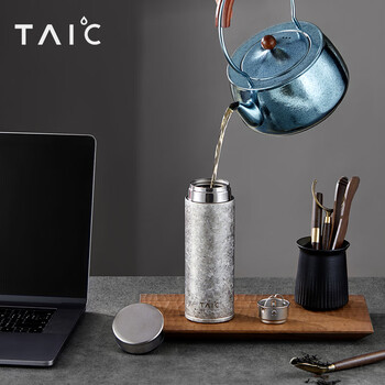 TAIC太可纯钛保温杯带滤网高档户外泡茶银羽杯400ML 皓月银