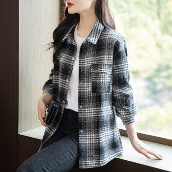 es格子衬衫短外套女士装早春秋季2024年新款小个子时尚上衣黑色s8090
