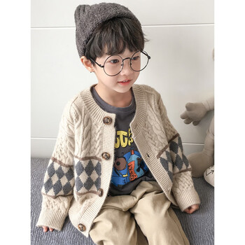 童装秋季新款儿童秋装针织开衫线衣中大童休闲男童外套上衣米色开衫
