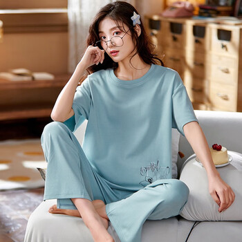 康泰顺睡衣女夏季纯棉短袖长裤休闲女士家居服套装可外穿hme13009l