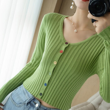 线衣女新款新款毛衣针织开衫女上衣短款薄秋季长袖打底外套线衣秋香绿