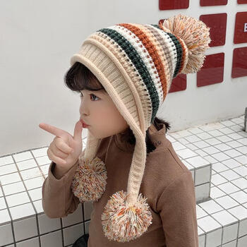 儿童帽子秋冬季可爱女童帽子冬加绒保暖护耳帽毛线针织口罩两件套w