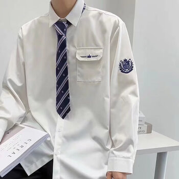 新款刺绣长袖衬衫男制服情侣学院风白衬衣学生班服学院风学生装白色s