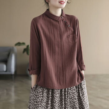 素订棉麻女装官方2022新款文艺复古双层棉纱色长袖衬衫女春季款显瘦
