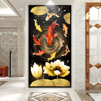 七点见  九鱼聚财玄关装饰画客厅年年有余镶钻晶瓷画餐厅竖版壁画和气