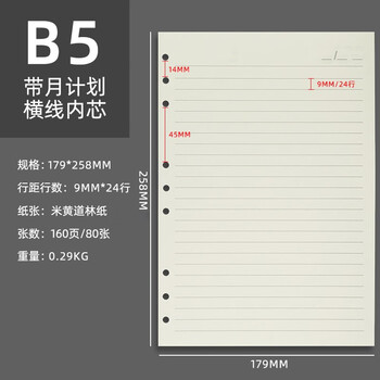 嘉然恒 活页本替换内芯活页纸笔记本子记事本替芯16K/B5/9孔内芯80张/本 升级款带月计划横线内芯