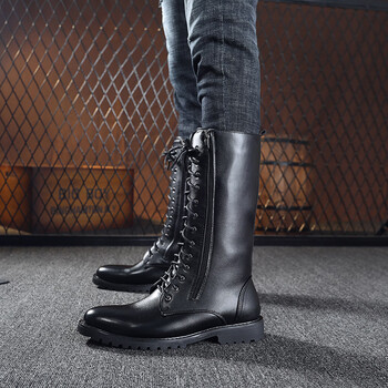 秋冬新款尖头系带男士高帮马靴内增高长筒骑马靴蒙古靴 系带加拉链款