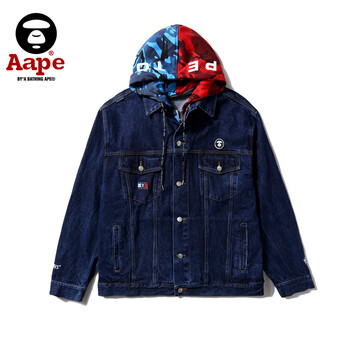 潮牌aape猿人头经典款秋冬季假两件连帽牛仔外套百搭长袖夹克男女 深