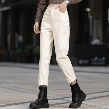 牛仔裤薄款米白色裤子女春秋新款哈伦裤高腰休闲裤女直筒萝卜裤显瘦