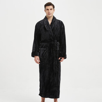 吸水速干不掉毛珊瑚绒睡袍春秋男女士情侣款睡衣法兰绒浴衣黑色xxl