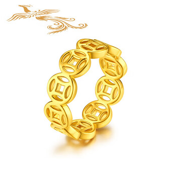 雅丝老凤凰黄金铜钱戒指5d硬金时尚招财聚财镂空铜钱指环简约亮面情侣