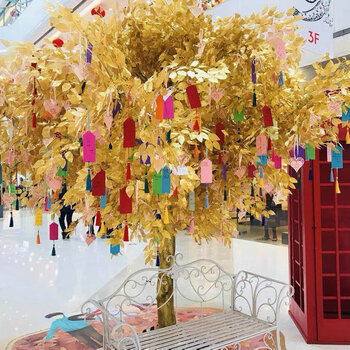 班莲奴新年元旦金黄色榕树仿真植物许愿树春节商场酒店摆件金榕树装饰