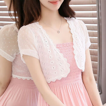 万派摩夏百搭雪纺短款小披肩薄短外套短袖蕾丝开衫小坎肩外搭女白色xl