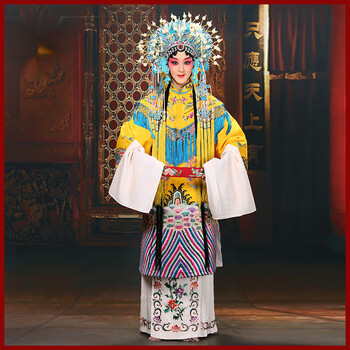 京剧戏剧演出凤冠霞帔新娘娘杨贵妃醉酒戏服刺绣绉勾女蟒 黄色 绉勾女