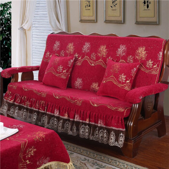 季通用木沙发坐垫中式红木沙发垫子椅垫套装裙边款森林之鹿红扶手一对