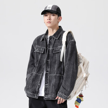 夹克男外套青年男士复古潮牌宽松简约休闲男装韩系牛仔外套上衣黑色m
