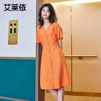 艾莱依早春v领衬衫连衣裙女中长款夏款时尚收腰短袖裙子橘子酱色165