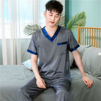 冰丝睡衣男夏季短袖长裤薄款丝绸睡衣男装仿真丝大码休闲家居服套装v