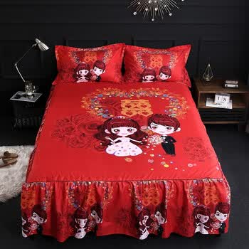 喜庆新婚床笠结婚庆大红色床裙单件磨毛床罩款防滑床单床套15m18m2米